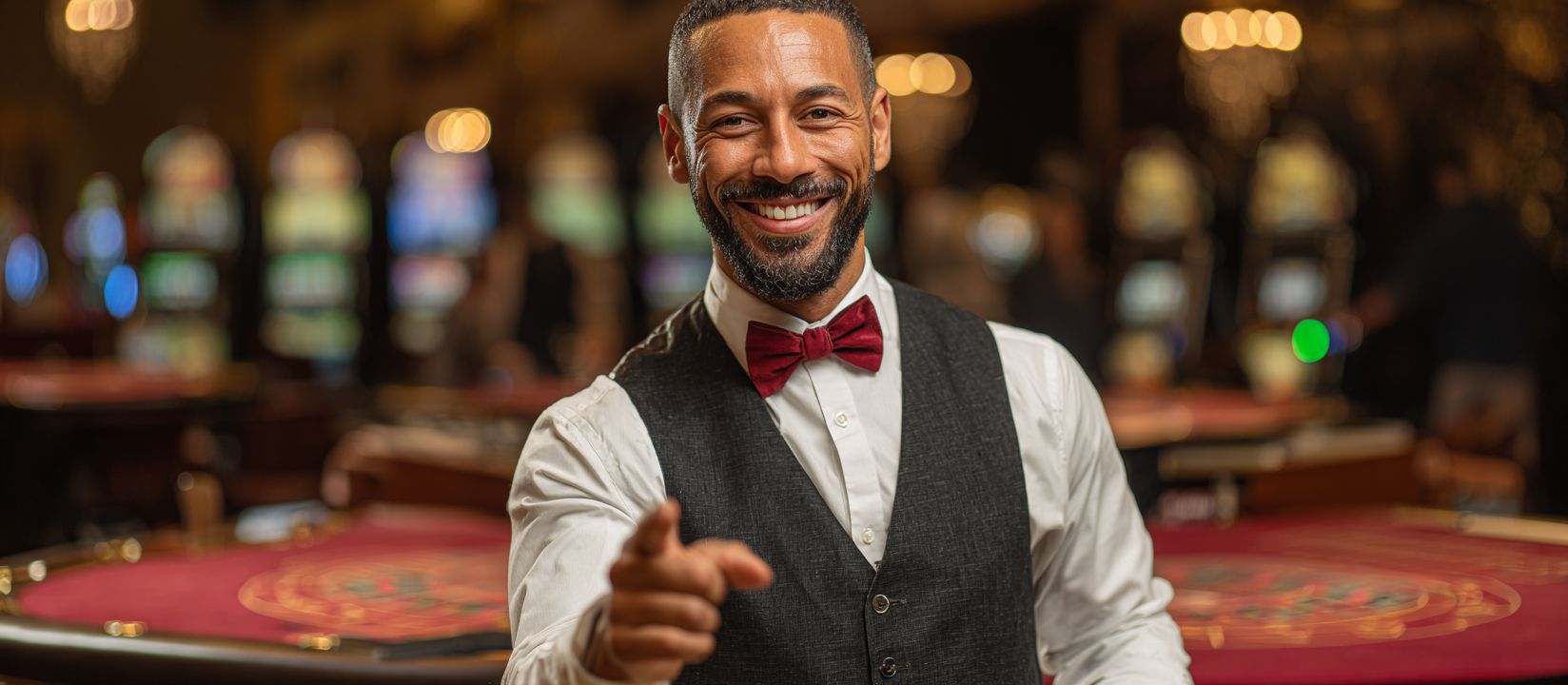 Enter 4966BET Casino and enjoy world-class entertainment! Smiling casino dealer in vest and bow tie welcoming players inside luxury 4966BET gaming hall