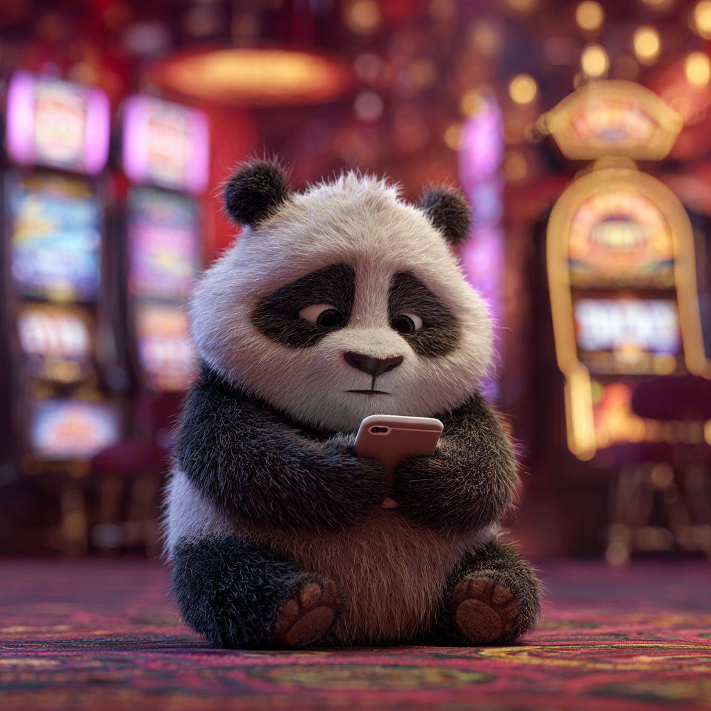 Download the 4966BET Casino App and start winning today! Cute panda mascot of 4966BET checking casino app on smartphone inside glamorous gaming hall