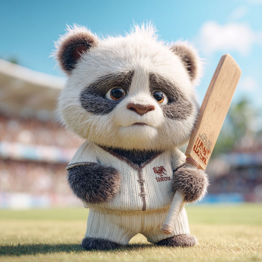 Bet on cricket and other sports with 4966BET now! Adorable panda mascot of 4966BET dressed in cricket uniform holding a bat at sports stadium