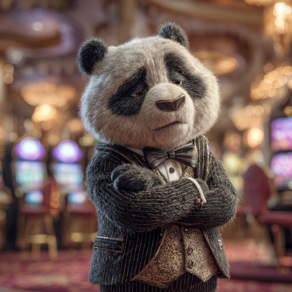 Enter 4966BET Casino and enjoy premium games today! Panda mascot of 4966BET in elegant tuxedo standing inside luxurious casino hall with slot machines