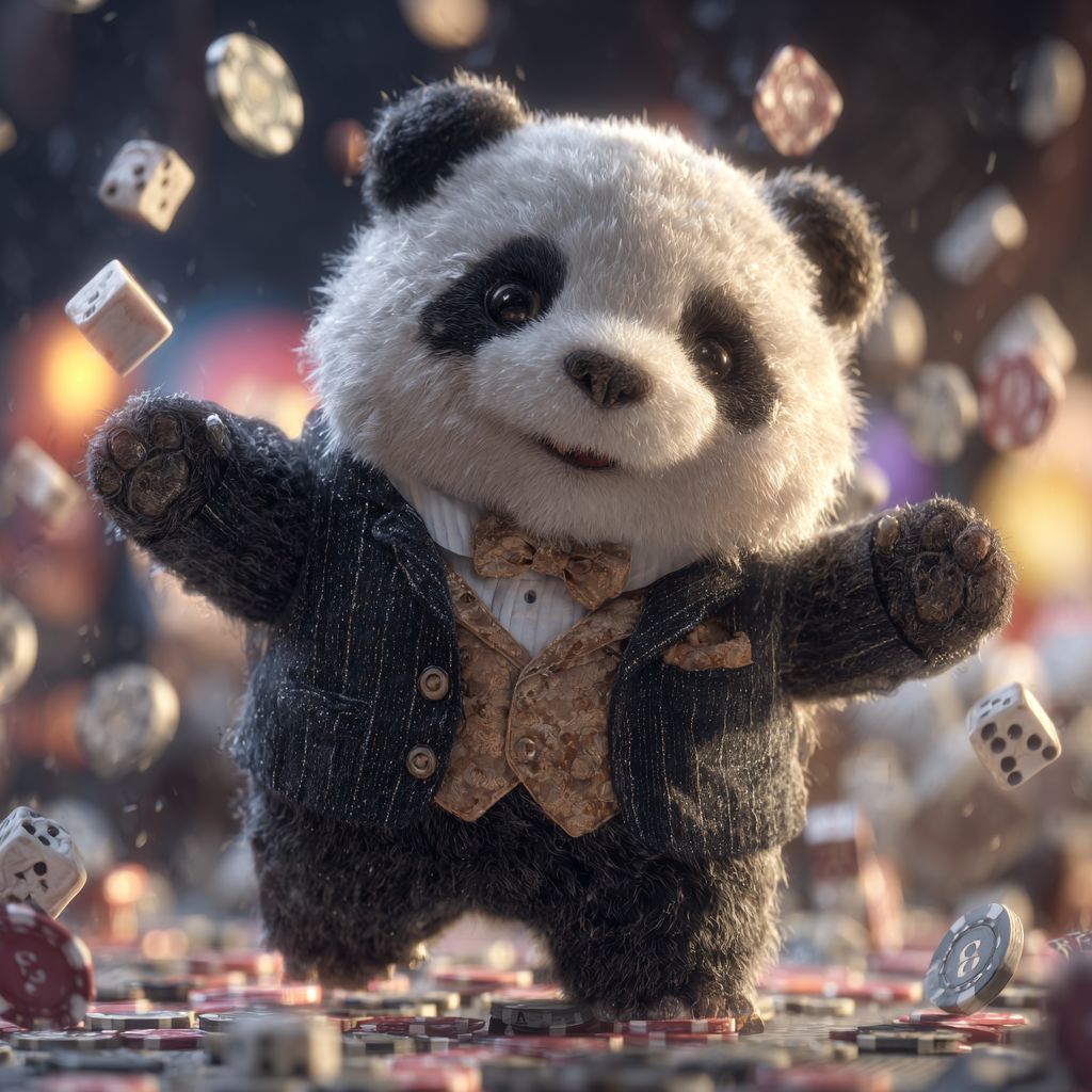 Play exciting casino games at 4966BET and win big! Happy panda mascot of 4966BET throwing dice and surrounded by casino chips in festive atmosphere