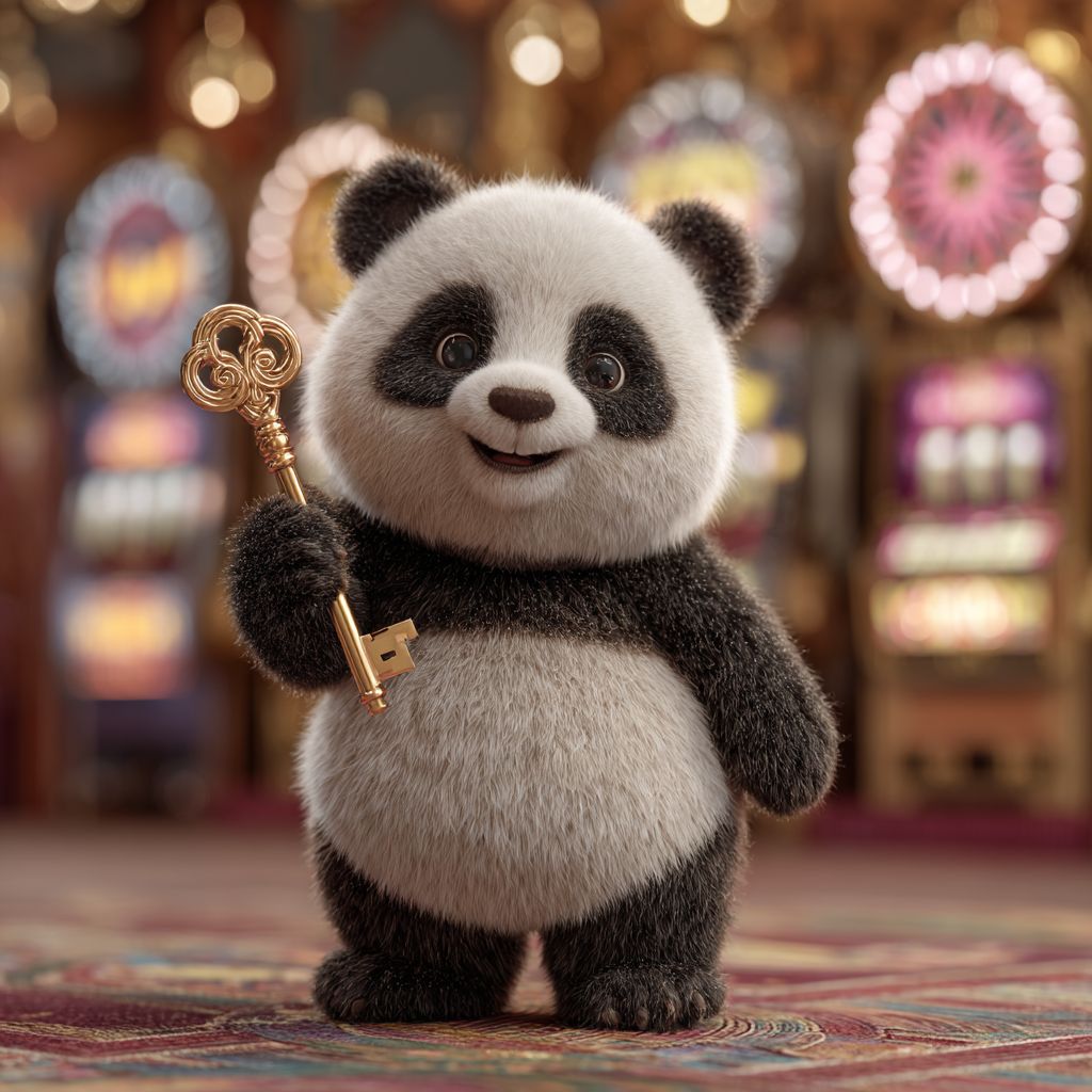 Smiling panda mascot of 4966BET holding a golden key in glamorous casino interior