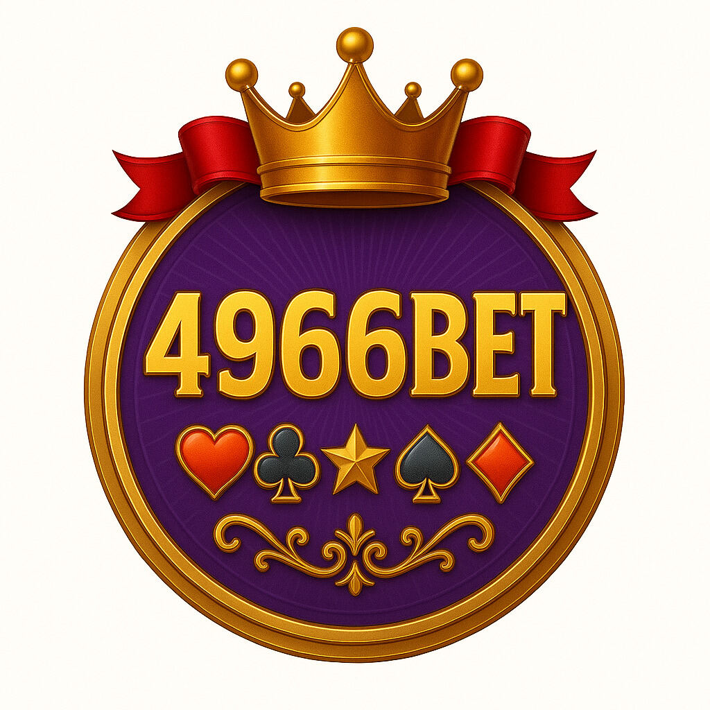 Play at 4966BET Casino and feel the royal winning experience! Golden crowned logo of 4966BET casino with royal symbols of heart, club, spade and diamond on purple background