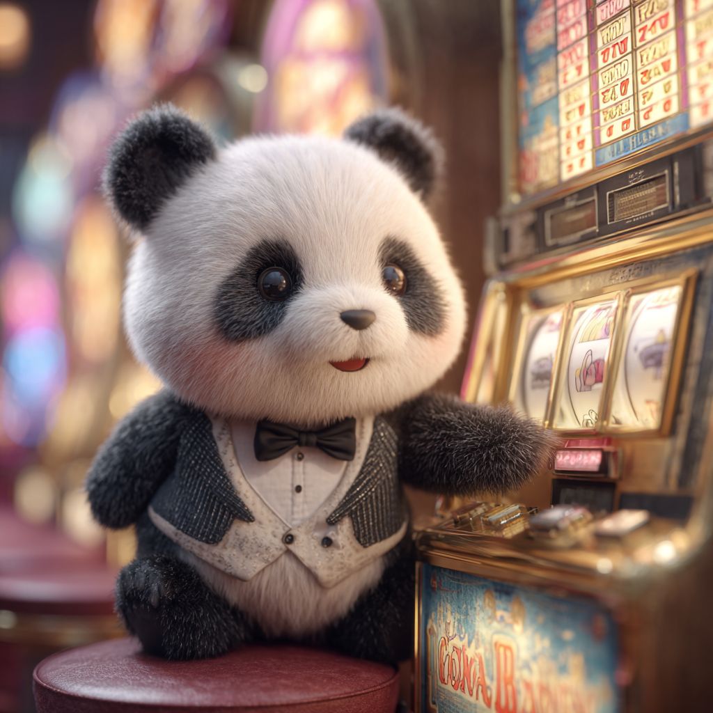 Spin the slots at 4966BET Casino and hit the jackpot! Cute panda mascot of 4966BET in bow tie playing slot machine inside sparkling casino hall