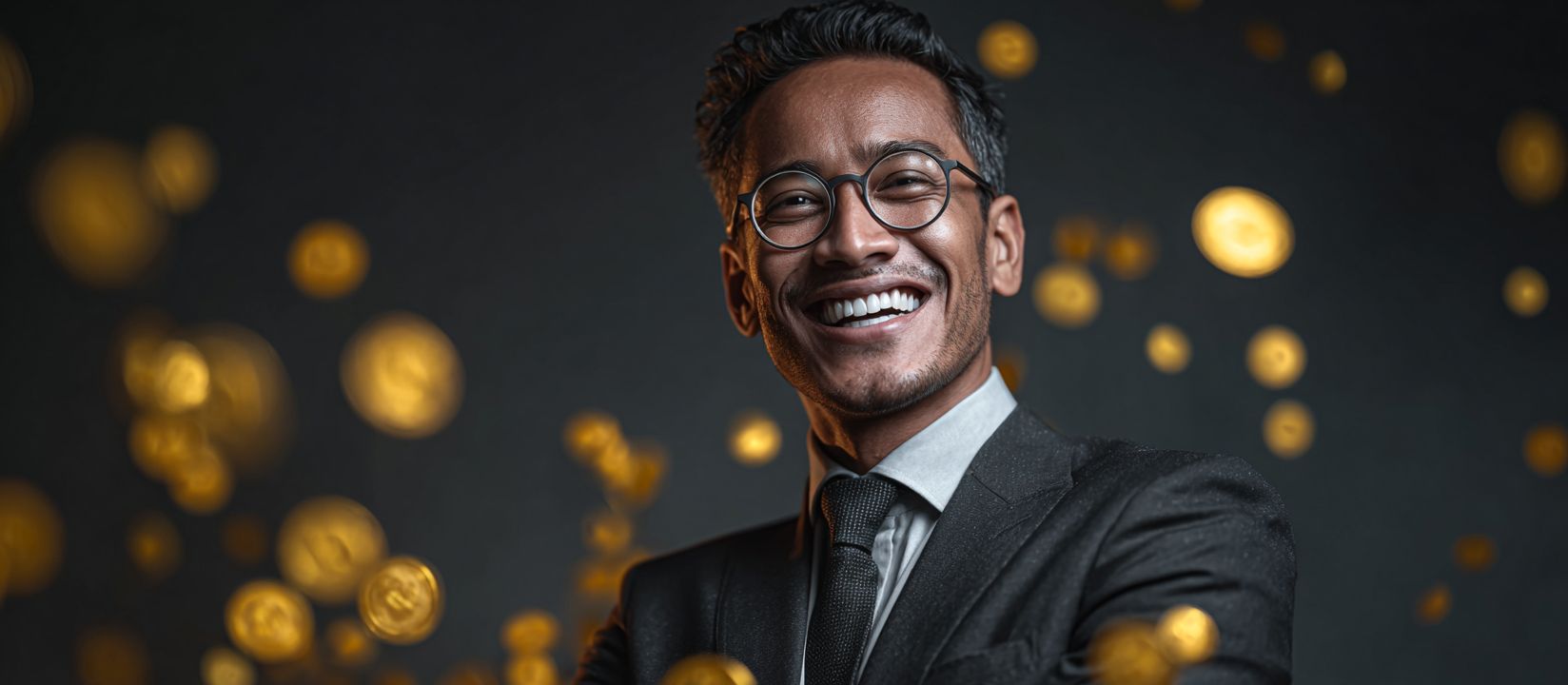 Confident businessman in suit surrounded by golden coins symbolizing big winnings at 4966BET