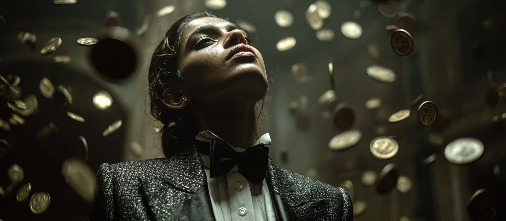 Play at 4966BET and win real money rewards today! Stylish player in tuxedo surrounded by golden coins falling in luxurious casino atmosphere
