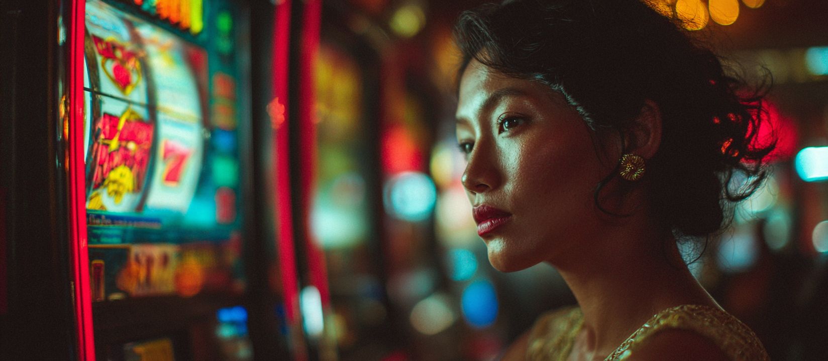 Spin the hottest slots at 4966BET and win big! Elegant woman playing colorful slot machine in glamorous casino atmosphere at 4966BET