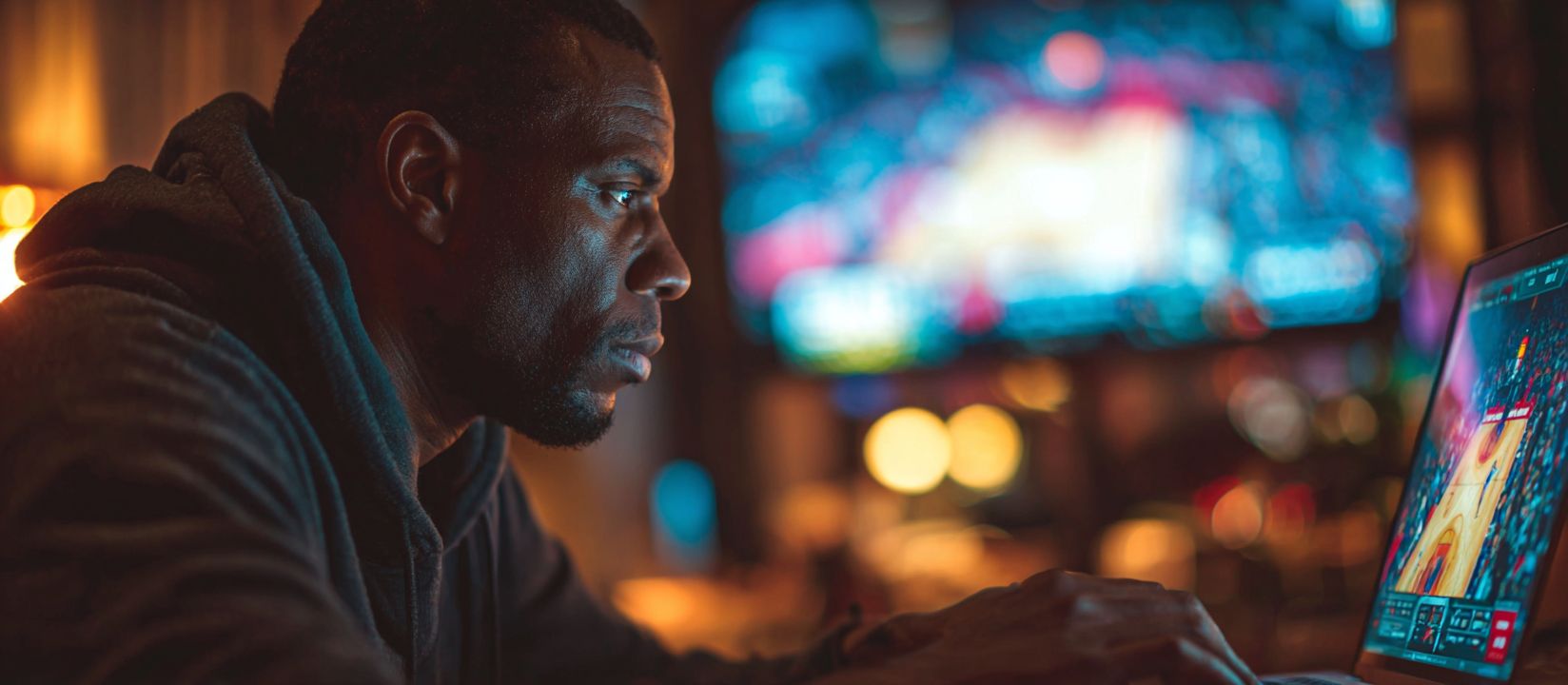 Bet on sports with 4966BET and enjoy top odds today! Focused man betting on live basketball match through 4966BET sportsbook platform